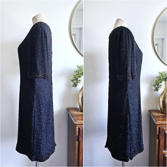 100% Pure Silk Mark & John By Gopal Black Beaded Cocktail Elegant Dress Sz Large - Picture 7 of 16